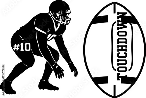 Football player in stance with ball and touchdown text