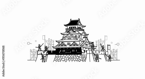 Stylized drawing of a multi-tiered castle with warriors defending it
