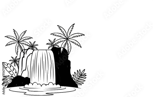 Stylized black and white illustration of a tropical waterfall with palm trees and foliage