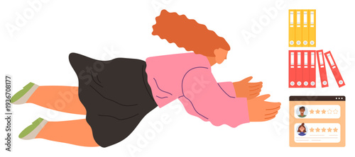 Employee engagement, productivity, business organization, workflow efficiency, file management, customer reviews. A woman holds her hands forward, surrounded by client reviews and file folders