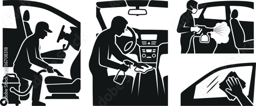 Professional Interior Car Detailing and Sanitizing Silhouette Set Featuring Staff Vacuuming Seats, Wiping Dashboards, Cleaning Windows, and Disinfecting Vehicles