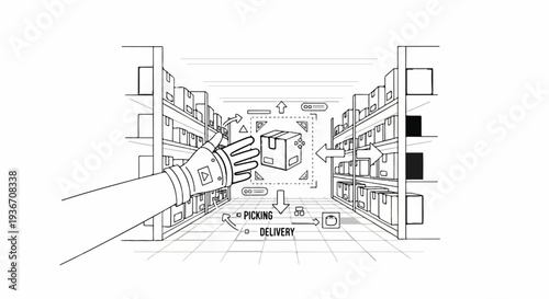 Robotic hand in warehouse selects box for picking and delivery