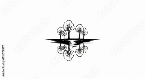 Stylized illustration of trees reflected in water