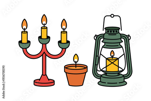 A lantern and candelabra with lit candles on a plain background