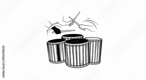Percussionists strike a set of drums with sticks, creating rhythmic sound