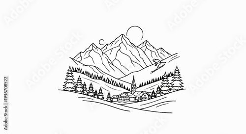 Mountain village with skier, pine trees, and sun