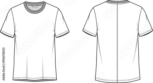 Technical Flat Sketch of Men's White Crew Neck T-shirt Vector Template with Short Sleeves and Vertical Center Back Seam Detail