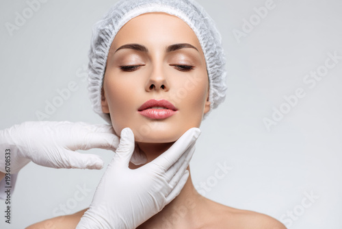 model touching smooth skin after aesthetic treatment while doctor observes results, soft diffused lighting, minimal white background, shallow depth of field