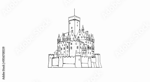 Ornate medieval fortress with multiple towers and defensive walls, sketched