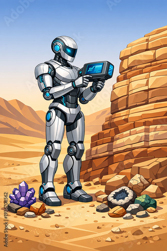 Vector Illustration of AI Smart Robotic Geologist analyzing rocks in a desert landscape