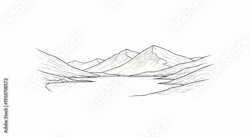 Minimalist ink drawing of a serene lake reflecting surrounding, textured mountain peaks
