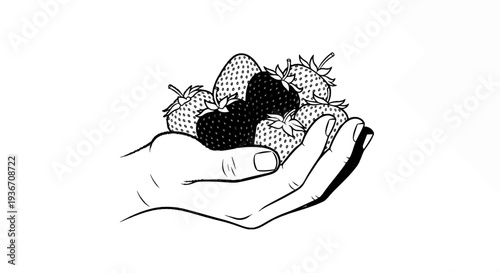 Line drawing of a hand holding a cluster of strawberries