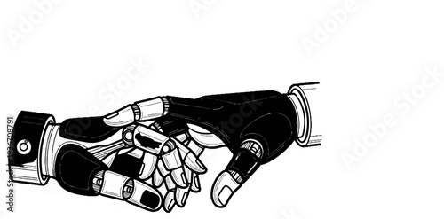 A black and white illustration of a robotic hand in a handshake