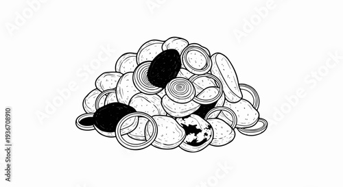 A pile of sliced potatoes and onions in a black and white sketch