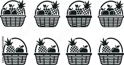 Fruit basket silhouette set with pineapple, apple, and grapes, healthy organic food icons, cad drawing flat vector illustration for grocery.