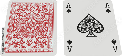 Ace of Spades card beside ornate red floral patterned card back—classic playing card design highlighting iconic symbolism and decorative artistry