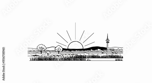 A stylized drawing depicts a sunrise over a landscape with a city skyline and tower