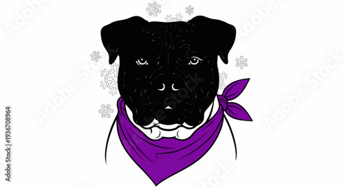 A black dog with a purple bandana and snowflakes