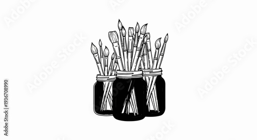 A collection of assorted paintbrushes stored in three dark glass jars