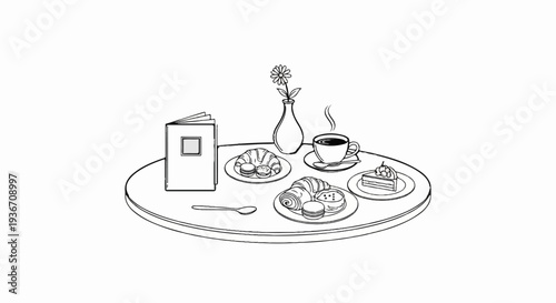 A delightful breakfast spread with pastries, coffee, and a book