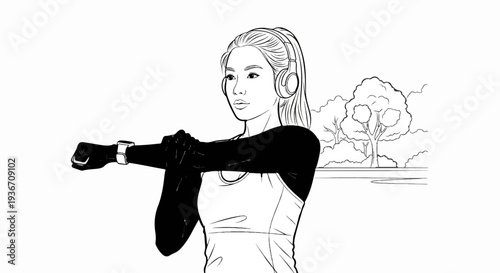 Woman stretching with headphones and smartwatch outdoors with trees in background