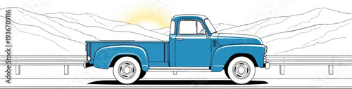 Vintage blue pickup truck driving on a road with hills and sun