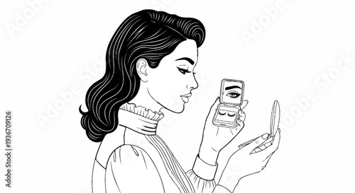 Vintage-style woman applying false eyelashes using a compact mirror
