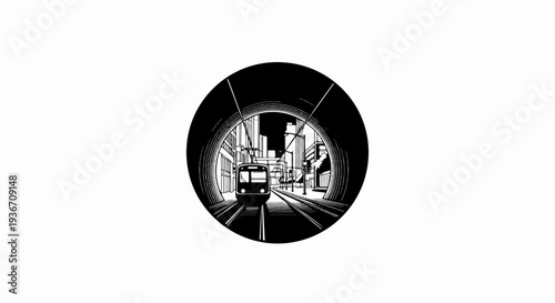 Tram exiting a tunnel into a city with buildings and light posts