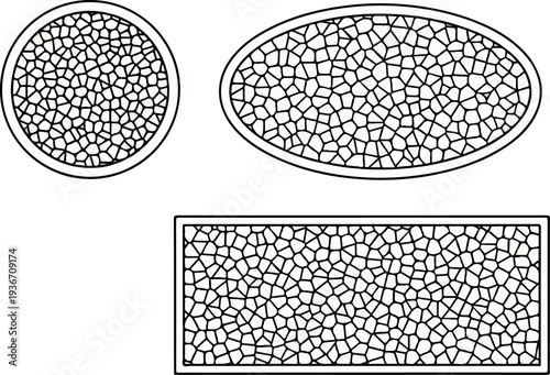 Three outline shapes filled with irregular tessellating polygons