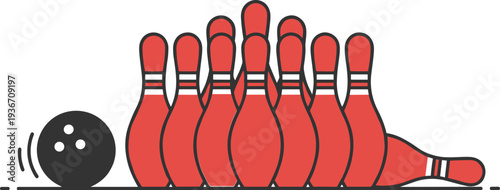 Bowling ball striking red pins illustration, dynamic sports action scene showing impact moment, recreation game equipment and competitive play