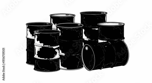A group of black barrels are stacked in a pile against a white background