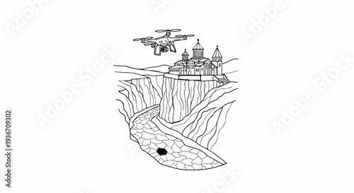 A drone hovers above a cliffside monastery overlooking a rocky path