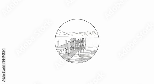 A sketched circular emblem depicts a weathered wooden pier extending into calm water with distant hills