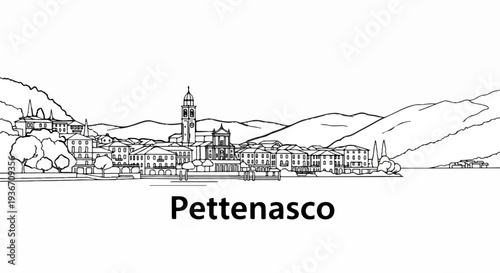 A picturesque lakeside town with hills and a prominent church tower