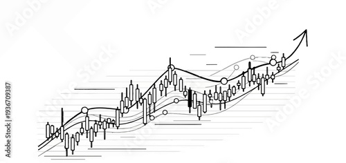 Abstract sketch of a financial candlestick chart trending upwards with an arrow