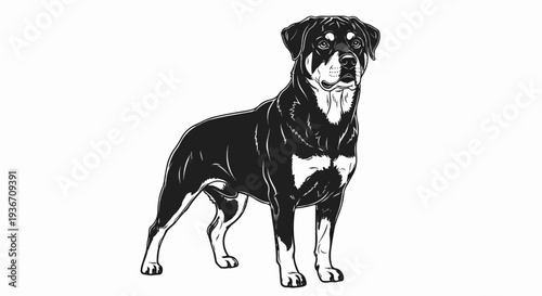 A stylized, black and white illustration of a Rottweiler standing on all four legs