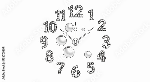Stylized clock face with numbers formed by pearls and bubble accents