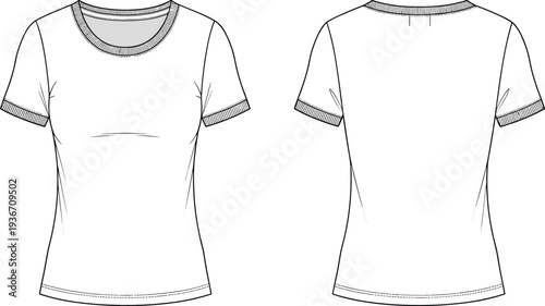 Women’s Slim Fit Crew Neck T-Shirt Technical Fashion Flat Sketch Vector Template with Ribbed Neckline Sleeves Front and Back View
