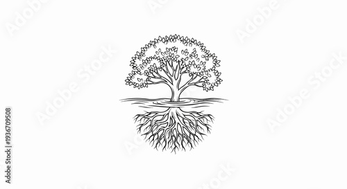 Black and white sketch of a tree with roots and leaves above water