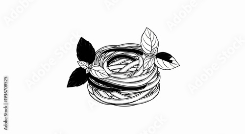 Black and white illustration of pasta nest adorned with basil leaves