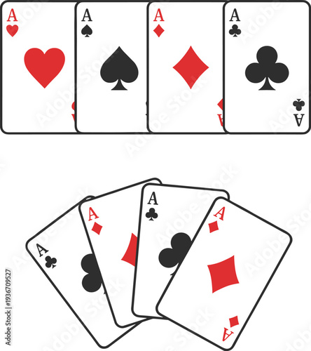 Four aces playing cards set, hearts, spades, diamonds, clubs displayed straight and fanned arrangement, classic card game illustration