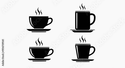 Coffee Cup Icon Set - Minimalist Black Vector Silhouettes of Steaming Tea and Coffee Mugs on Saucers