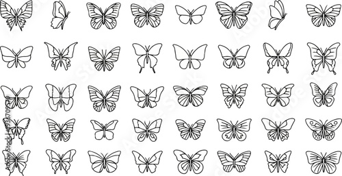 Collection of various outlined butterfly illustrations on white background