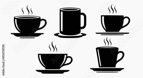 Coffee Cup Icon Set - Minimalist Black Vector Silhouettes of Steaming Tea and Coffee Mugs on Saucers