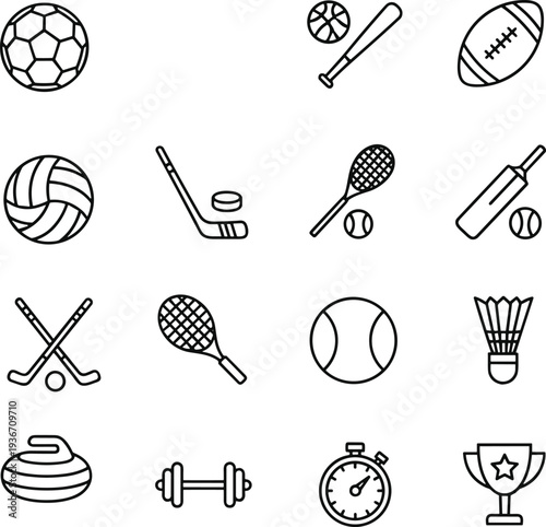 Grid of black and white sports and fitness icons featuring balls, rackets, sticks, equipment, stopwatch, dumbbell, and trophy