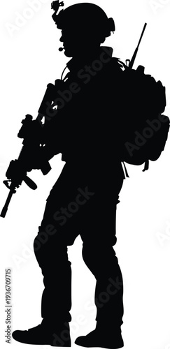 Silhouette of Modern Special Forces Soldier with Rifle and Tactical Gear Standing