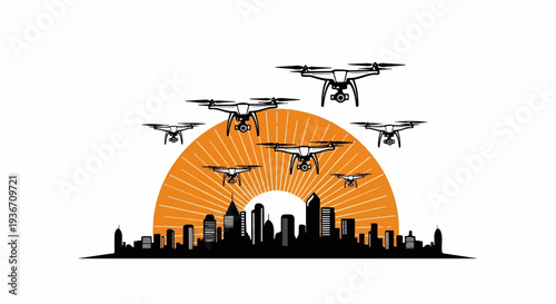 Drones fly over cityscape with sunburst background