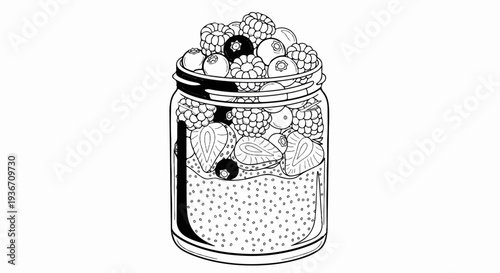 Glass jar filled with berries, strawberries, and chia seeds