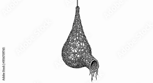Intricate, hand-drawn, hanging woven bird nest with tube entrance