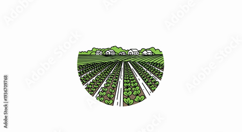 A charming illustration of a rural farm with neat rows of crops and distant houses